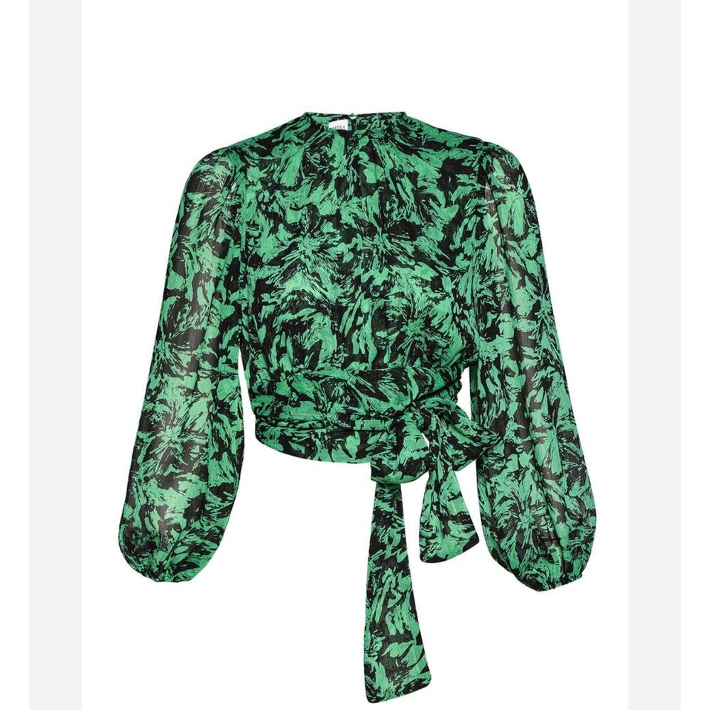 MISA Los Angeles Beatriz Green Floral Metallic Tie Front Crop Blouse Top XS